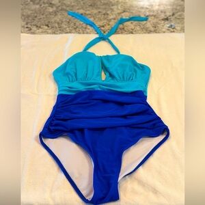 Blue One Piece Swimsuit with Halter Neck and Ruched Design